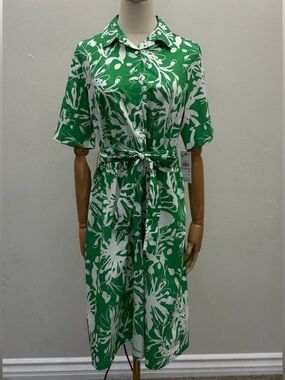 NWT DKNY Green Floral Shirt Dress Belted Button Front Cotton Dress Size 6